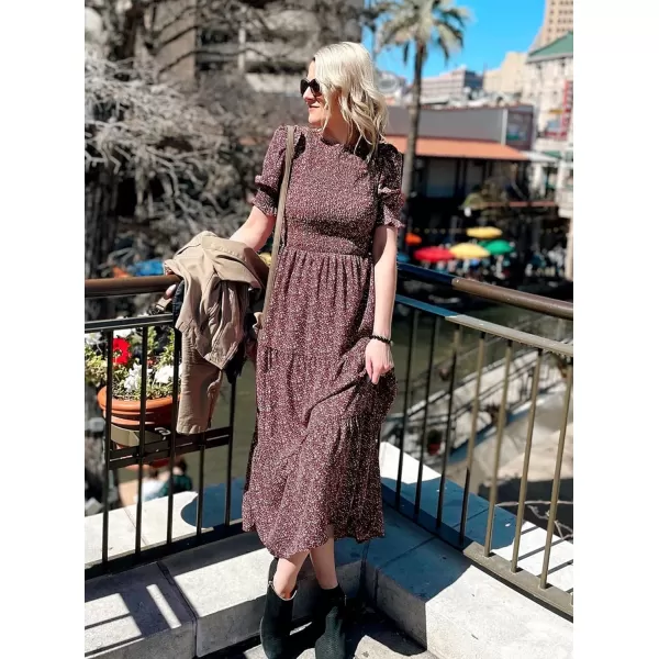 BTFBM Women Casual Summer Dresses 2024 Spring Crew Neck Ruffle Short Sleeve Floral Print Smocked Boho Flowy Maxi DressFloral Wine Red White