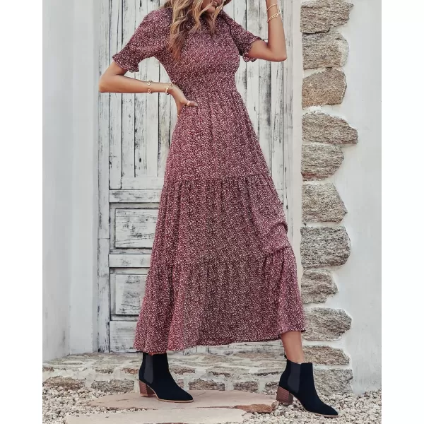 BTFBM Women Casual Summer Dresses 2024 Spring Crew Neck Ruffle Short Sleeve Floral Print Smocked Boho Flowy Maxi DressFloral Wine Red White