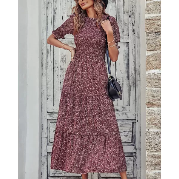 BTFBM Women Casual Summer Dresses 2024 Spring Crew Neck Ruffle Short Sleeve Floral Print Smocked Boho Flowy Maxi DressFloral Wine Red White