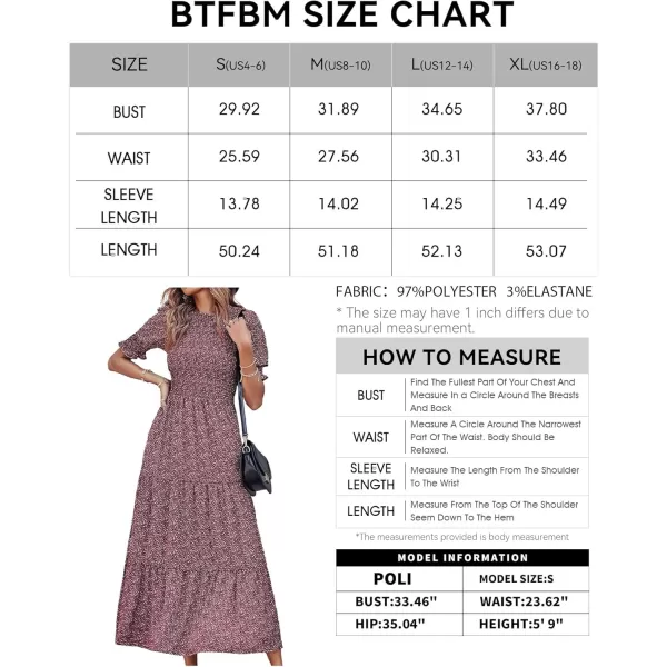 BTFBM Women Casual Summer Dresses 2024 Spring Crew Neck Ruffle Short Sleeve Floral Print Smocked Boho Flowy Maxi DressFloral Wine Red White