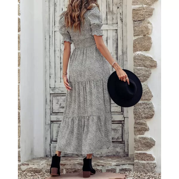 BTFBM Women Casual Summer Dresses 2024 Spring Crew Neck Ruffle Short Sleeve Floral Print Smocked Boho Flowy Maxi DressLeopard Apricot Grey
