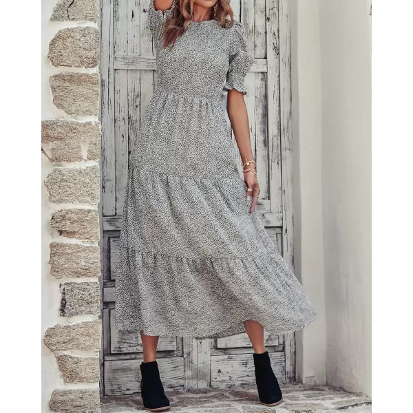 BTFBM Women Casual Summer Dresses 2024 Spring Crew Neck Ruffle Short Sleeve Floral Print Smocked Boho Flowy Maxi DressLeopard Apricot Grey