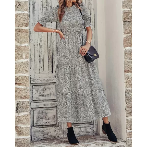 BTFBM Women Casual Summer Dresses 2024 Spring Crew Neck Ruffle Short Sleeve Floral Print Smocked Boho Flowy Maxi DressLeopard Apricot Grey