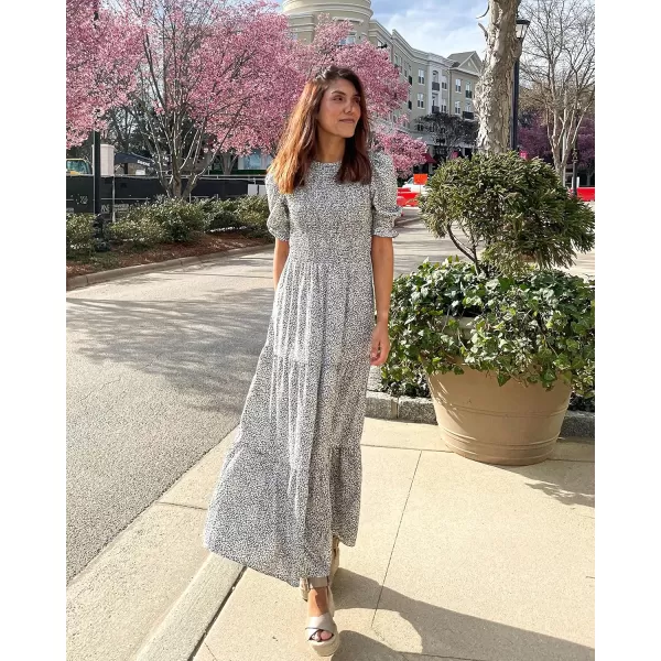 BTFBM Women Casual Summer Dresses 2024 Spring Crew Neck Ruffle Short Sleeve Floral Print Smocked Boho Flowy Maxi DressLeopard Apricot Grey