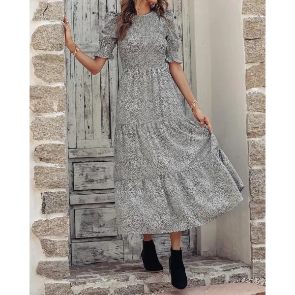 BTFBM Women Casual Summer Dresses 2024 Spring Crew Neck Ruffle Short Sleeve Floral Print Smocked Boho Flowy Maxi DressLeopard Apricot Grey