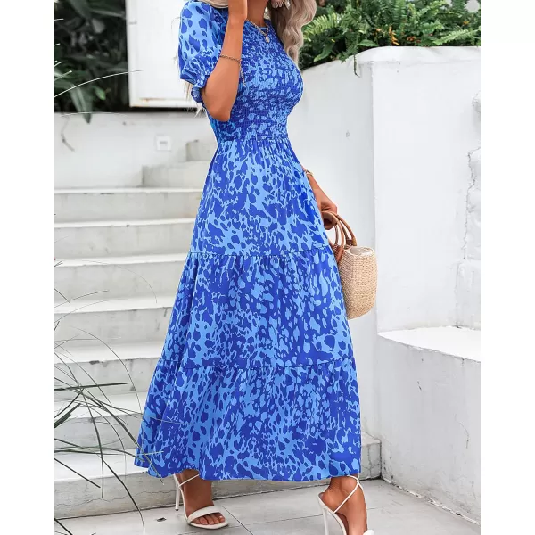 BTFBM Women Casual Summer Dresses 2024 Spring Crew Neck Ruffle Short Sleeve Floral Print Smocked Boho Flowy Maxi DressPrint Blue