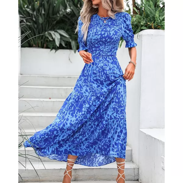 BTFBM Women Casual Summer Dresses 2024 Spring Crew Neck Ruffle Short Sleeve Floral Print Smocked Boho Flowy Maxi DressPrint Blue