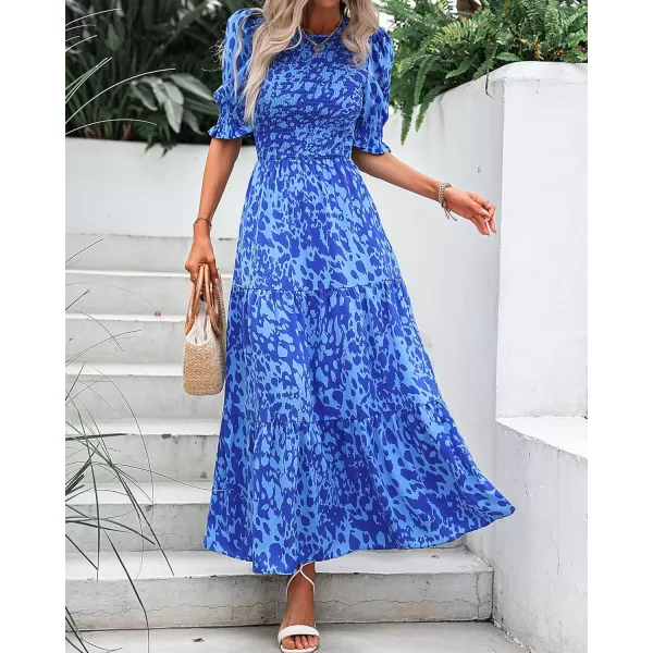 BTFBM Women Casual Summer Dresses 2024 Spring Crew Neck Ruffle Short Sleeve Floral Print Smocked Boho Flowy Maxi DressPrint Blue
