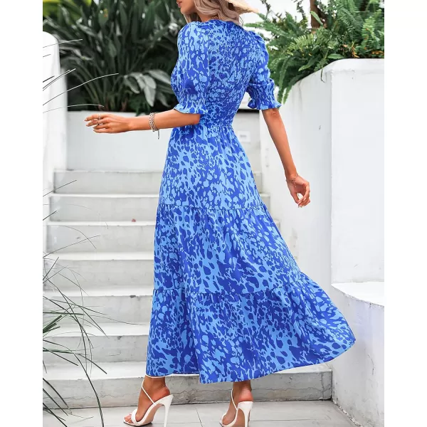 BTFBM Women Casual Summer Dresses 2024 Spring Crew Neck Ruffle Short Sleeve Floral Print Smocked Boho Flowy Maxi DressPrint Blue