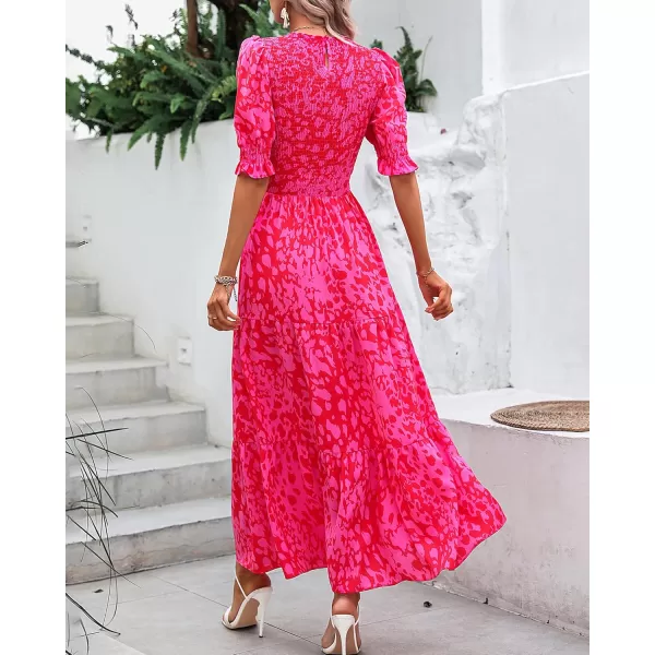 BTFBM Women Casual Summer Dresses 2024 Spring Crew Neck Ruffle Short Sleeve Floral Print Smocked Boho Flowy Maxi DressPrint Rose Red