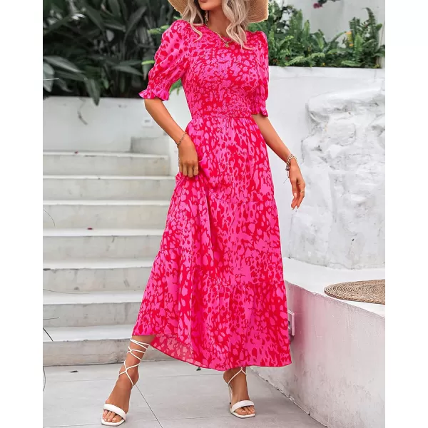 BTFBM Women Casual Summer Dresses 2024 Spring Crew Neck Ruffle Short Sleeve Floral Print Smocked Boho Flowy Maxi DressPrint Rose Red