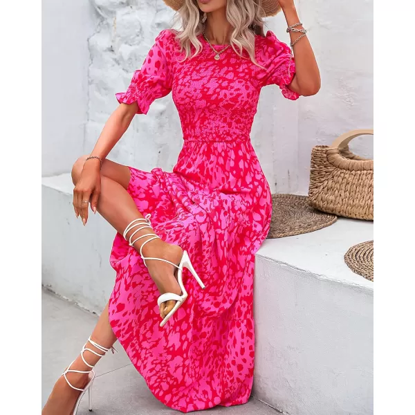 BTFBM Women Casual Summer Dresses 2024 Spring Crew Neck Ruffle Short Sleeve Floral Print Smocked Boho Flowy Maxi DressPrint Rose Red