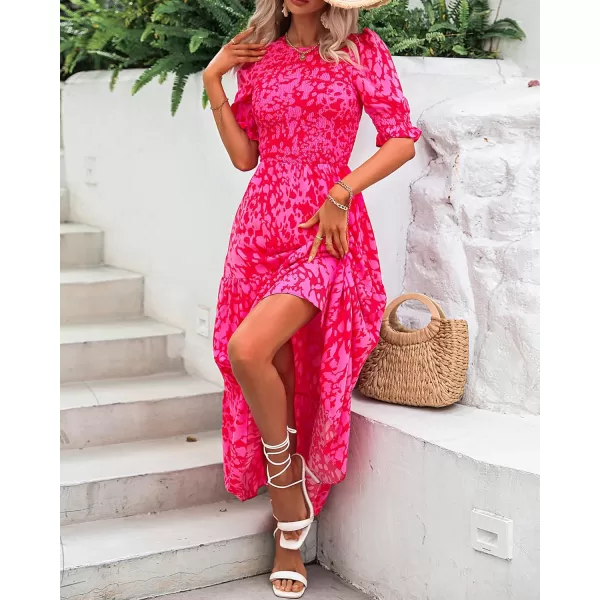 BTFBM Women Casual Summer Dresses 2024 Spring Crew Neck Ruffle Short Sleeve Floral Print Smocked Boho Flowy Maxi DressPrint Rose Red