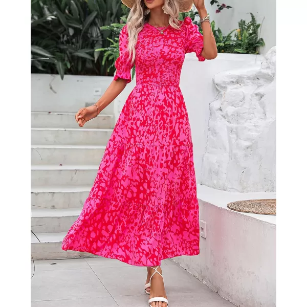 BTFBM Women Casual Summer Dresses 2024 Spring Crew Neck Ruffle Short Sleeve Floral Print Smocked Boho Flowy Maxi DressPrint Rose Red