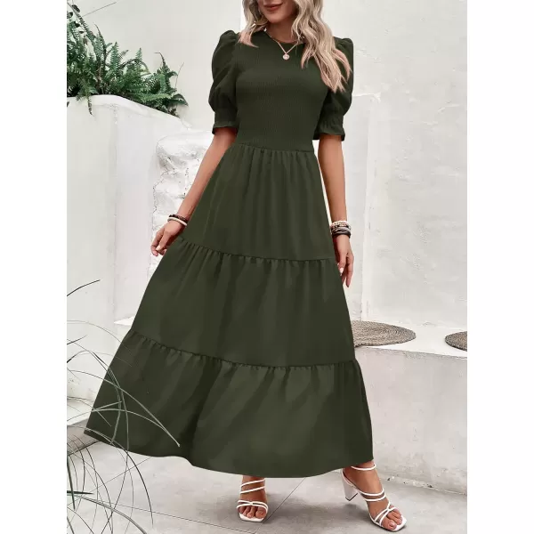 BTFBM Women Casual Summer Dresses 2024 Spring Crew Neck Ruffle Short Sleeve Floral Print Smocked Boho Flowy Maxi DressSolid Army Green