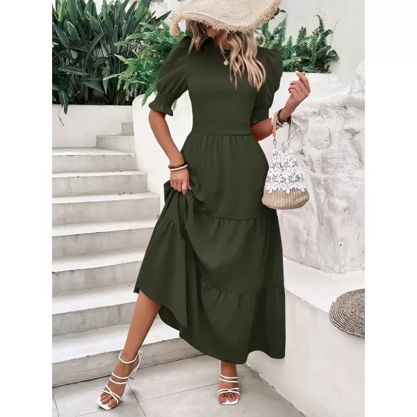 BTFBM Women Casual Summer Dresses 2024 Spring Crew Neck Ruffle Short Sleeve Floral Print Smocked Boho Flowy Maxi DressSolid Army Green
