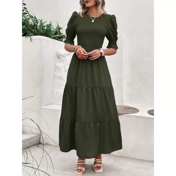 BTFBM Women Casual Summer Dresses 2024 Spring Crew Neck Ruffle Short Sleeve Floral Print Smocked Boho Flowy Maxi DressSolid Army Green