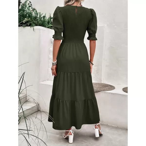 BTFBM Women Casual Summer Dresses 2024 Spring Crew Neck Ruffle Short Sleeve Floral Print Smocked Boho Flowy Maxi DressSolid Army Green