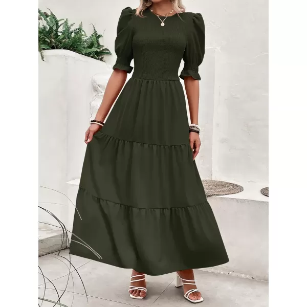 BTFBM Women Casual Summer Dresses 2024 Spring Crew Neck Ruffle Short Sleeve Floral Print Smocked Boho Flowy Maxi DressSolid Army Green