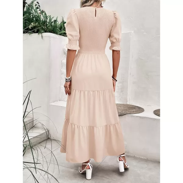 BTFBM Women Casual Summer Dresses 2024 Spring Crew Neck Ruffle Short Sleeve Floral Print Smocked Boho Flowy Maxi DressSolid Beige