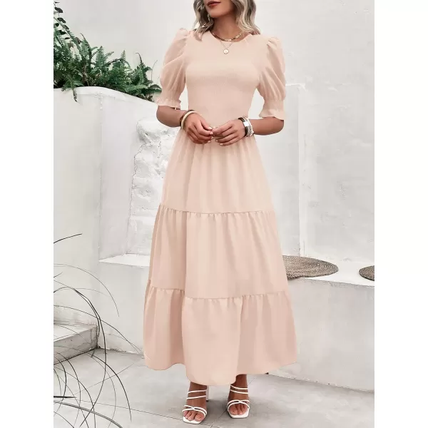 BTFBM Women Casual Summer Dresses 2024 Spring Crew Neck Ruffle Short Sleeve Floral Print Smocked Boho Flowy Maxi DressSolid Beige