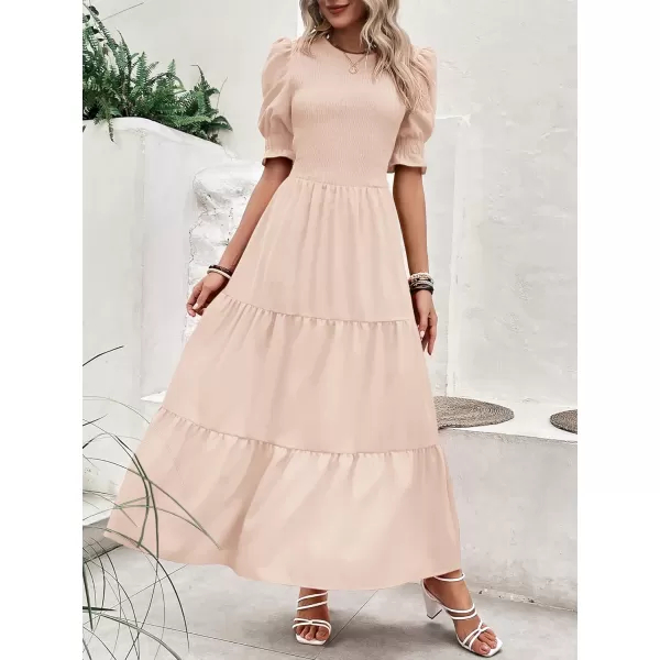 BTFBM Women Casual Summer Dresses 2024 Spring Crew Neck Ruffle Short Sleeve Floral Print Smocked Boho Flowy Maxi DressSolid Beige