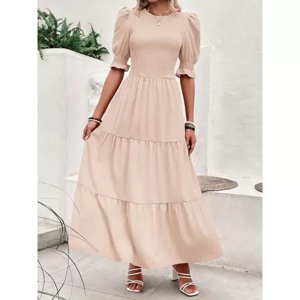 BTFBM Women Casual Summer Dresses 2024 Spring Crew Neck Ruffle Short Sleeve Floral Print Smocked Boho Flowy Maxi DressSolid Beige