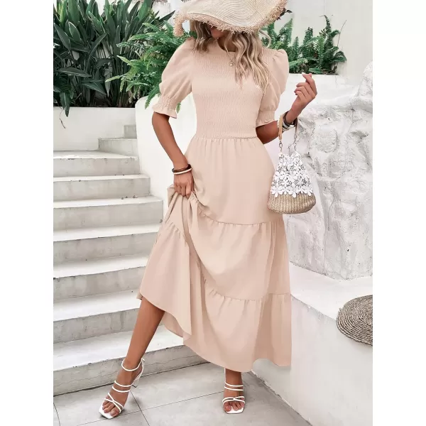BTFBM Women Casual Summer Dresses 2024 Spring Crew Neck Ruffle Short Sleeve Floral Print Smocked Boho Flowy Maxi DressSolid Beige