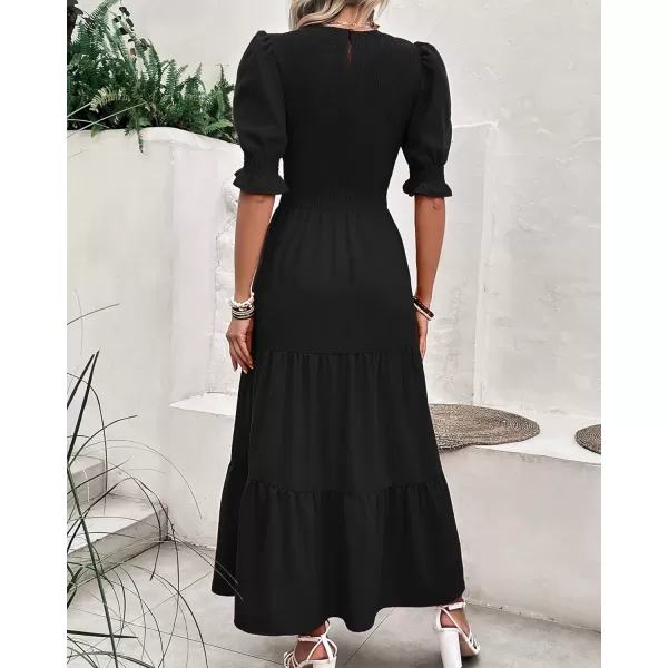 BTFBM Women Casual Summer Dresses 2024 Spring Crew Neck Ruffle Short Sleeve Floral Print Smocked Boho Flowy Maxi DressSolid Black