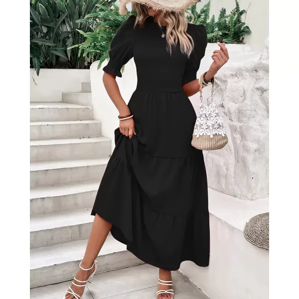 BTFBM Women Casual Summer Dresses 2024 Spring Crew Neck Ruffle Short Sleeve Floral Print Smocked Boho Flowy Maxi DressSolid Black