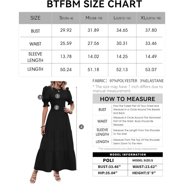 BTFBM Women Casual Summer Dresses 2024 Spring Crew Neck Ruffle Short Sleeve Floral Print Smocked Boho Flowy Maxi DressSolid Black