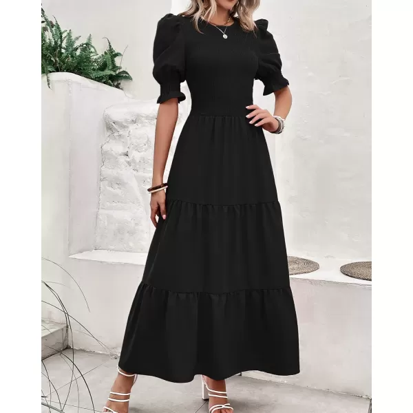 BTFBM Women Casual Summer Dresses 2024 Spring Crew Neck Ruffle Short Sleeve Floral Print Smocked Boho Flowy Maxi DressSolid Black
