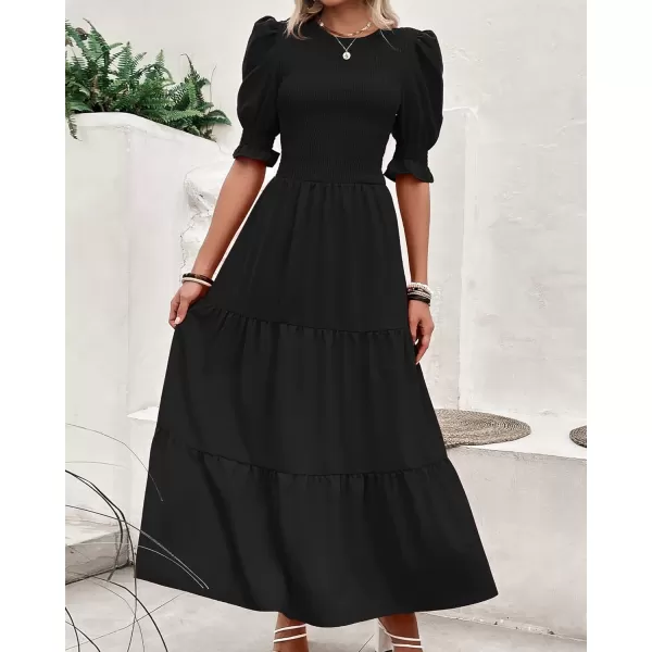 BTFBM Women Casual Summer Dresses 2024 Spring Crew Neck Ruffle Short Sleeve Floral Print Smocked Boho Flowy Maxi DressSolid Black