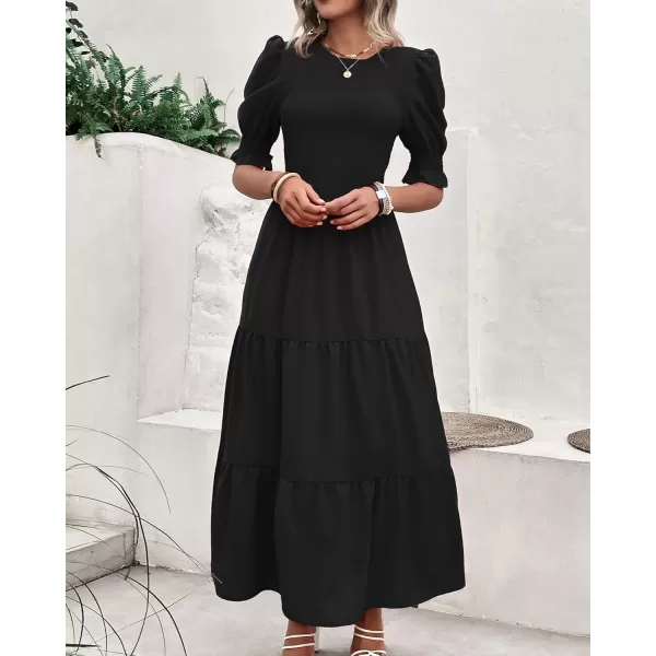 BTFBM Women Casual Summer Dresses 2024 Spring Crew Neck Ruffle Short Sleeve Floral Print Smocked Boho Flowy Maxi DressSolid Black