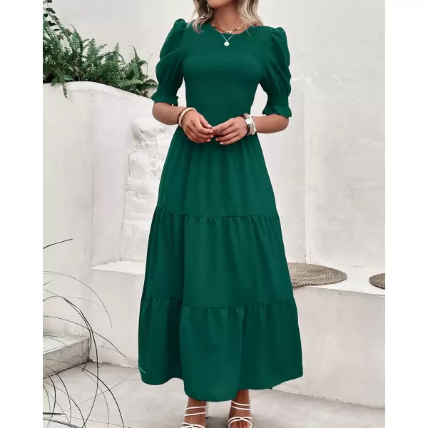 BTFBM Women Casual Summer Dresses 2024 Spring Crew Neck Ruffle Short Sleeve Floral Print Smocked Boho Flowy Maxi DressSolid Dark Green