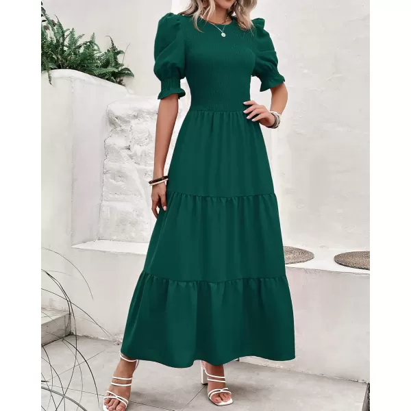 BTFBM Women Casual Summer Dresses 2024 Spring Crew Neck Ruffle Short Sleeve Floral Print Smocked Boho Flowy Maxi DressSolid Dark Green