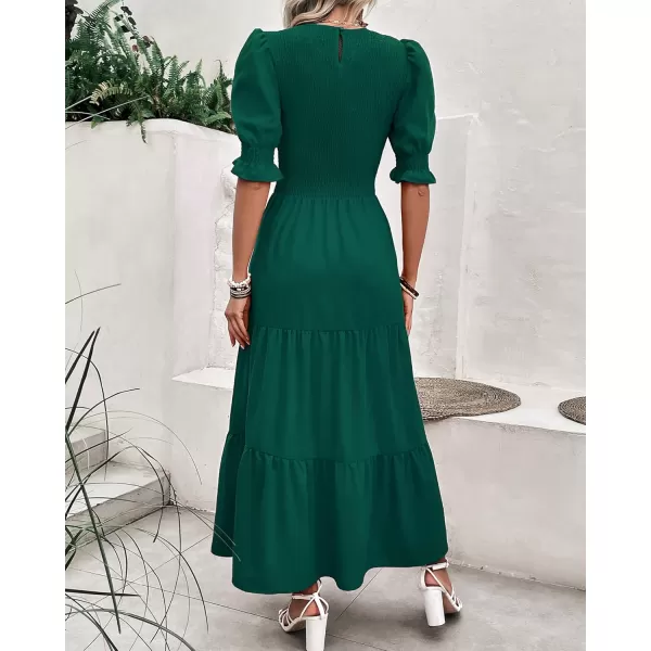 BTFBM Women Casual Summer Dresses 2024 Spring Crew Neck Ruffle Short Sleeve Floral Print Smocked Boho Flowy Maxi DressSolid Dark Green