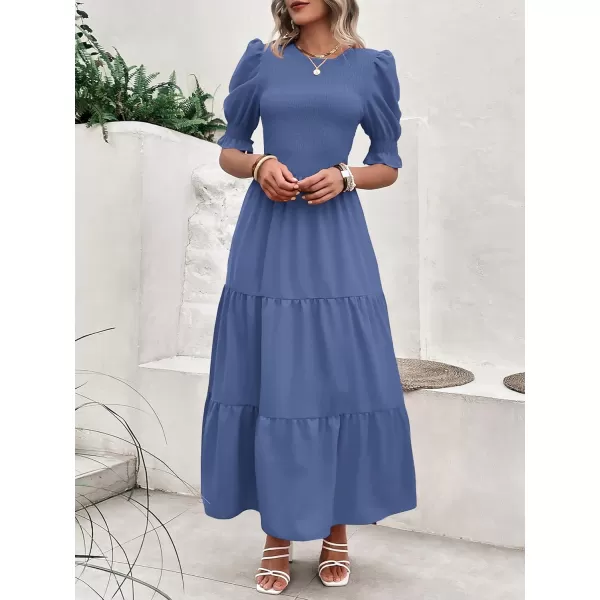 BTFBM Women Casual Summer Dresses 2024 Spring Crew Neck Ruffle Short Sleeve Floral Print Smocked Boho Flowy Maxi DressSolid Grey Blue