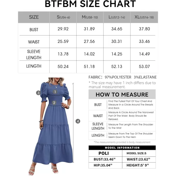 BTFBM Women Casual Summer Dresses 2024 Spring Crew Neck Ruffle Short Sleeve Floral Print Smocked Boho Flowy Maxi DressSolid Grey Blue