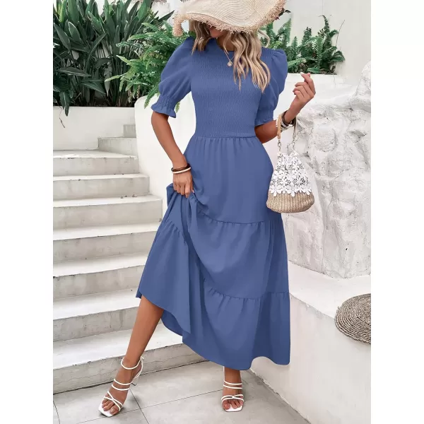 BTFBM Women Casual Summer Dresses 2024 Spring Crew Neck Ruffle Short Sleeve Floral Print Smocked Boho Flowy Maxi DressSolid Grey Blue