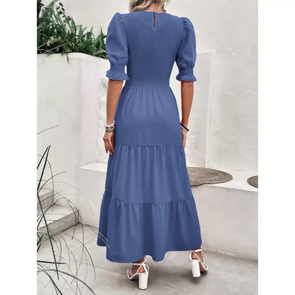 BTFBM Women Casual Summer Dresses 2024 Spring Crew Neck Ruffle Short Sleeve Floral Print Smocked Boho Flowy Maxi DressSolid Grey Blue