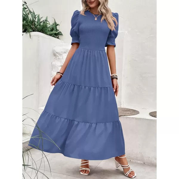 BTFBM Women Casual Summer Dresses 2024 Spring Crew Neck Ruffle Short Sleeve Floral Print Smocked Boho Flowy Maxi DressSolid Grey Blue