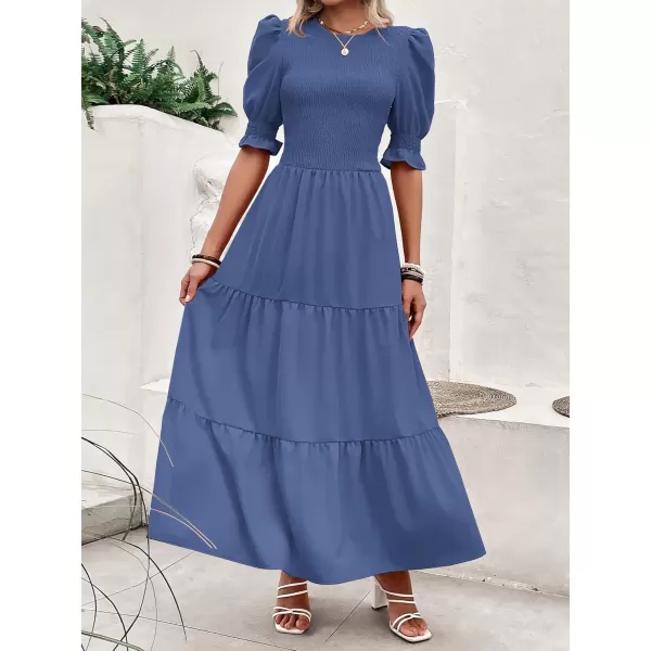 BTFBM Women Casual Summer Dresses 2024 Spring Crew Neck Ruffle Short Sleeve Floral Print Smocked Boho Flowy Maxi DressSolid Grey Blue