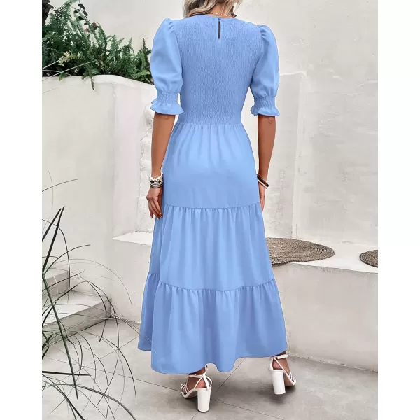 BTFBM Women Casual Summer Dresses 2024 Spring Crew Neck Ruffle Short Sleeve Floral Print Smocked Boho Flowy Maxi DressSolid Light Blue