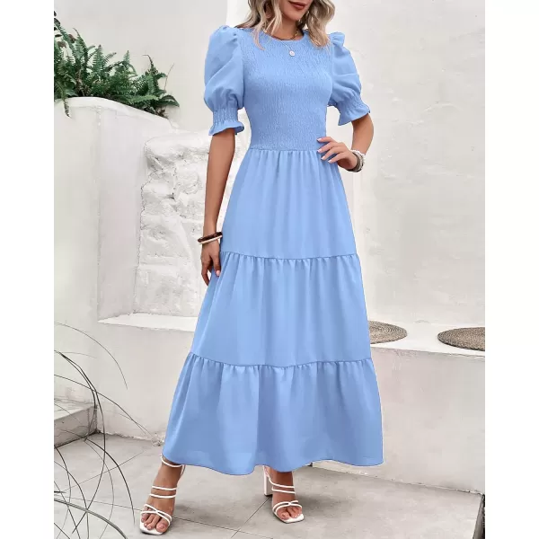 BTFBM Women Casual Summer Dresses 2024 Spring Crew Neck Ruffle Short Sleeve Floral Print Smocked Boho Flowy Maxi DressSolid Light Blue