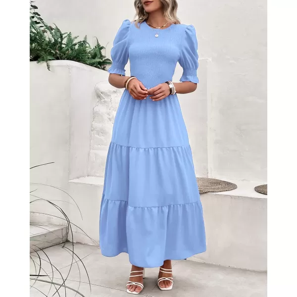 BTFBM Women Casual Summer Dresses 2024 Spring Crew Neck Ruffle Short Sleeve Floral Print Smocked Boho Flowy Maxi DressSolid Light Blue