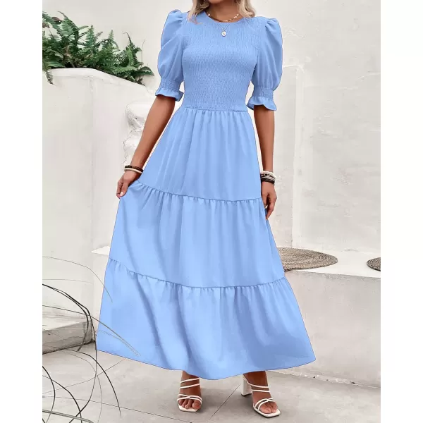 BTFBM Women Casual Summer Dresses 2024 Spring Crew Neck Ruffle Short Sleeve Floral Print Smocked Boho Flowy Maxi DressSolid Light Blue