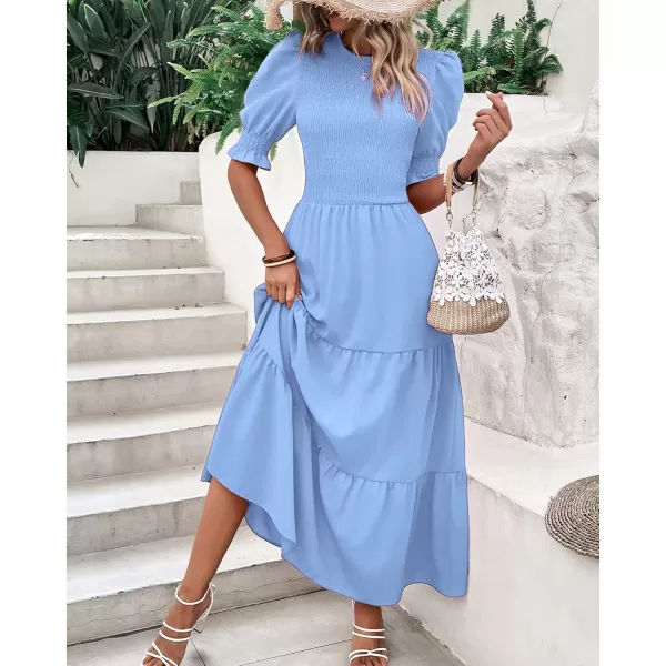 BTFBM Women Casual Summer Dresses 2024 Spring Crew Neck Ruffle Short Sleeve Floral Print Smocked Boho Flowy Maxi DressSolid Light Blue