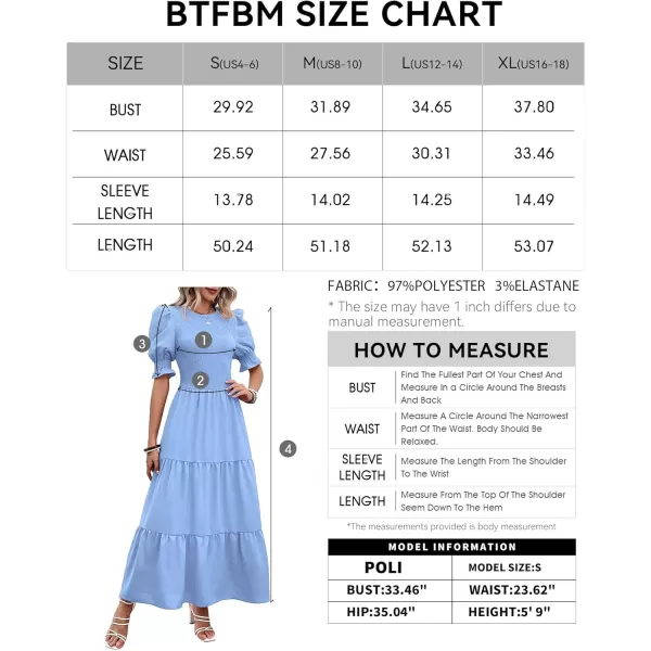 BTFBM Women Casual Summer Dresses 2024 Spring Crew Neck Ruffle Short Sleeve Floral Print Smocked Boho Flowy Maxi DressSolid Light Blue