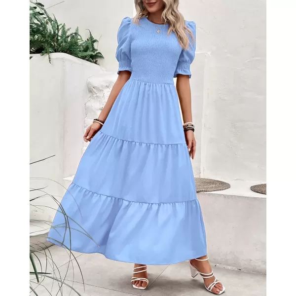 BTFBM Women Casual Summer Dresses 2024 Spring Crew Neck Ruffle Short Sleeve Floral Print Smocked Boho Flowy Maxi DressSolid Light Blue